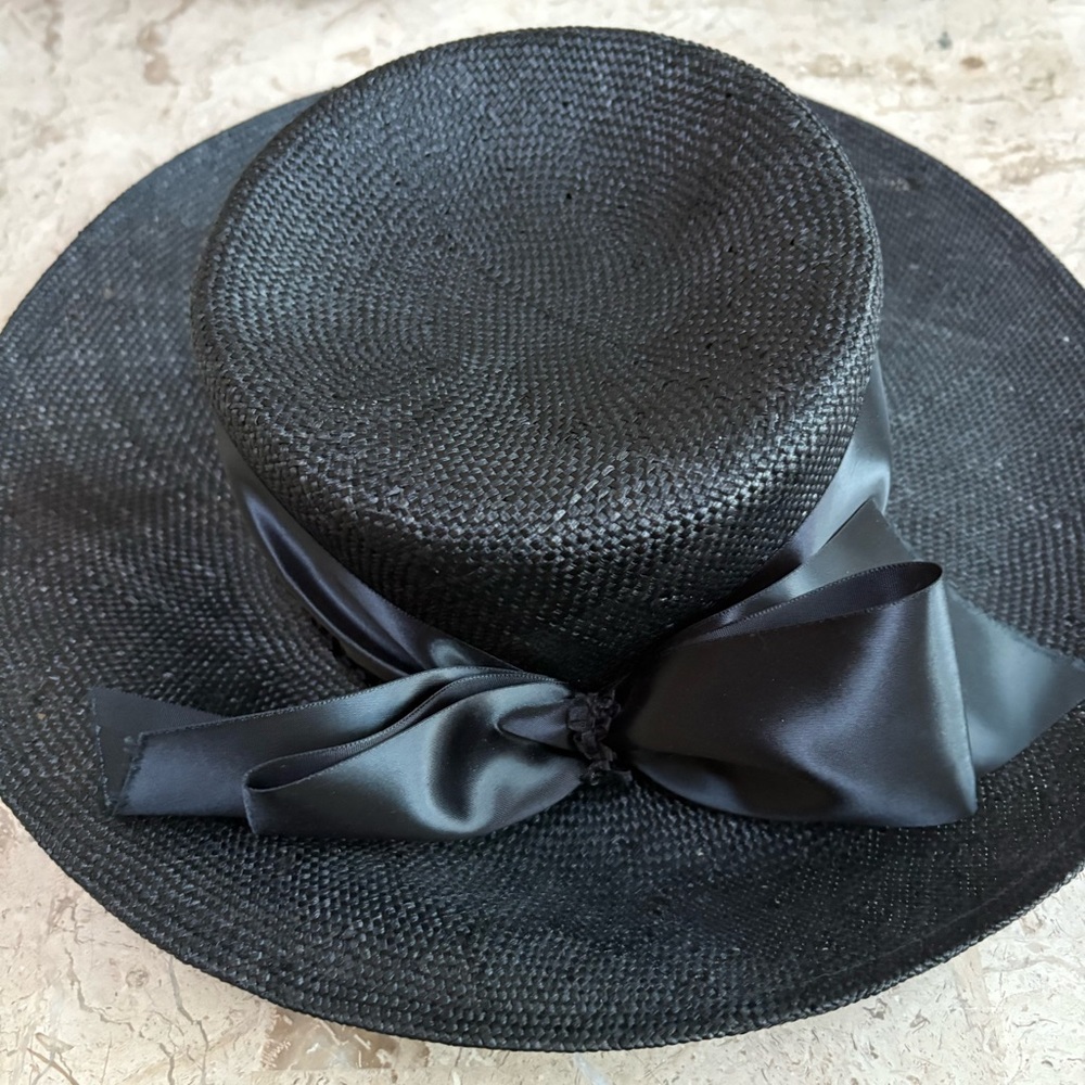 Black Straw Hat Satin Bow Street Smart By Betmar Made in USA Vintage